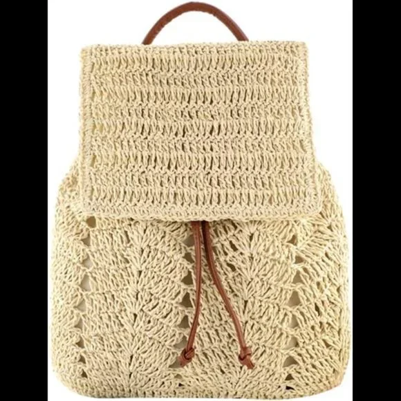 Aktudy Women Straw Backpack, Beach Woven Handbag Boho Shoulders Bag, Flap Top Ha